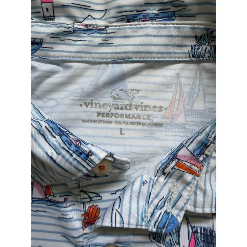 Vineyard Vines Performance Polo Mens L White Blue Sailboat Print Whale Logo Golf - Picture 2 of 6
